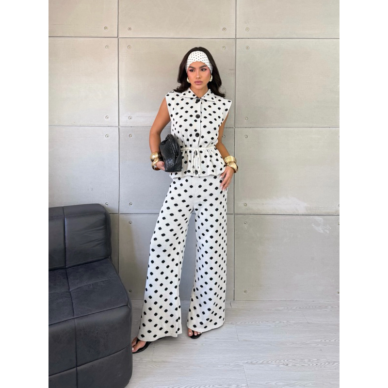 Conjunto Femino Poá em Tricot Fashion Tendência Verão 2026