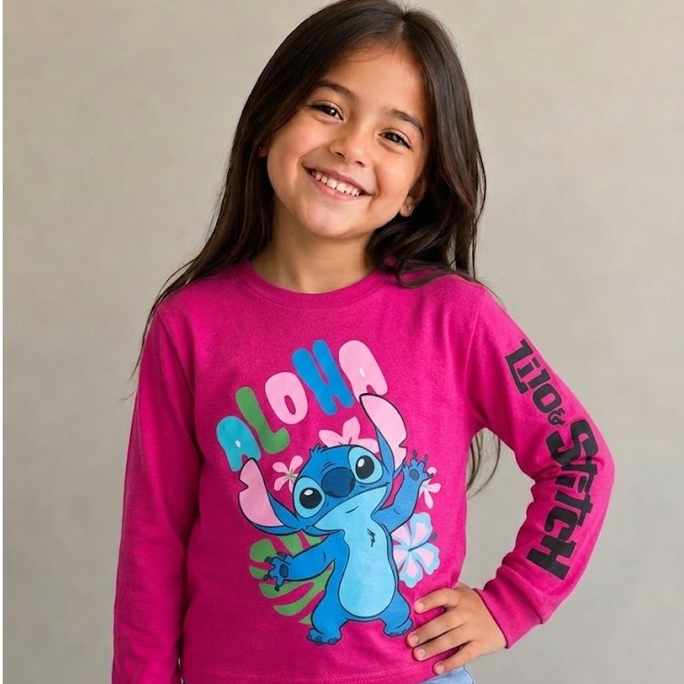 Camiseta Infantil Stitch Manga Longa Algodão Camiseta Menina