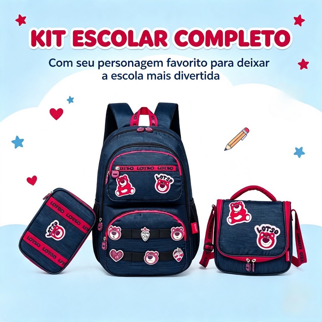 Kit Mochila Escolar Lancheira Estojo Lotso Toy Story Espaçosa Disney