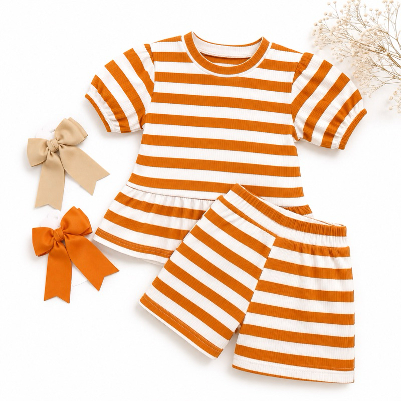 Conjunto Infantil Feminino Canelado Listrado Blusa Peplum Manga Princesa + Short Menina