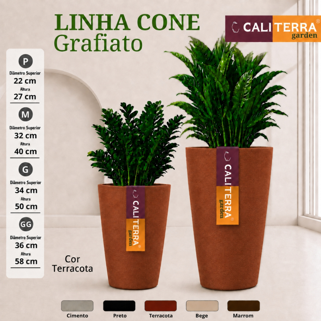 Vaso Grande Polietileno Decorativo Cachepot Plantas Jardim Paisagismo Sala Varanda Área Interna e Externa Cone Grafiato
