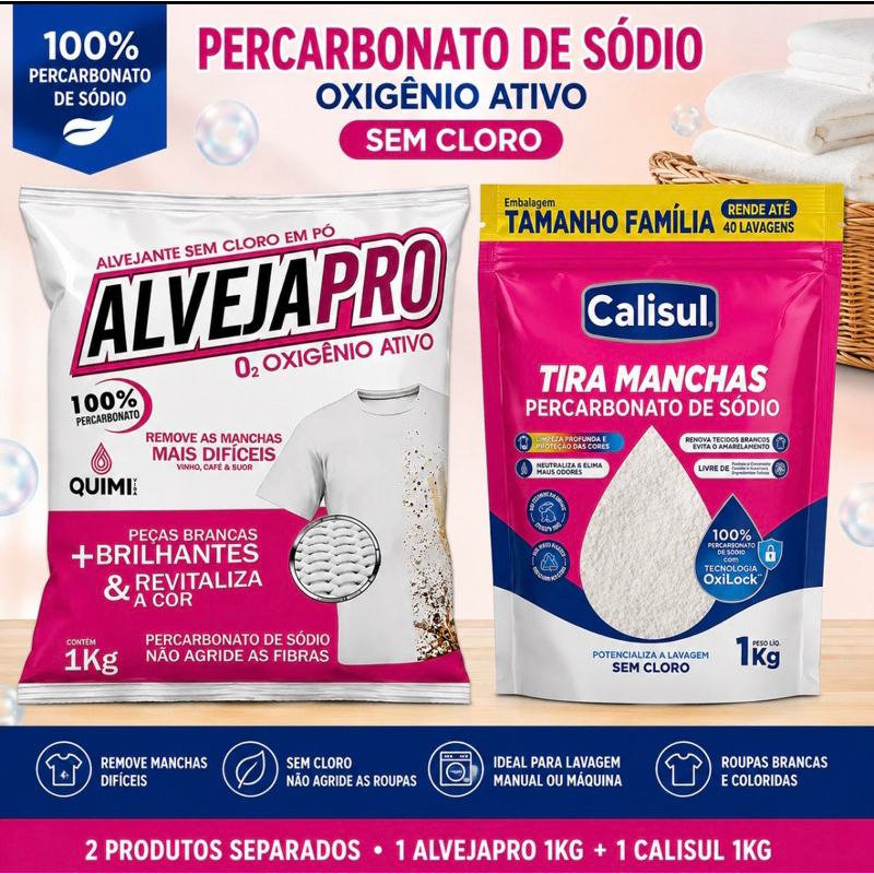 Percarbonato de Sódio 1kg AlvejaPro e Percarbonato de Sódio 1kg Calisul | Oxigênio Ativo | Sem Cloro | Remove Manchas