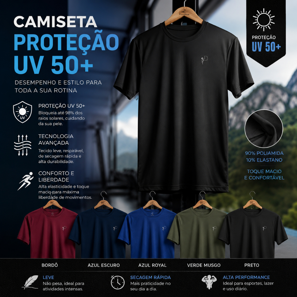 Camiseta MASCULINA FEMININA UV 50+ Malha fria Proteção Solar Alta Performance Academia Fitness