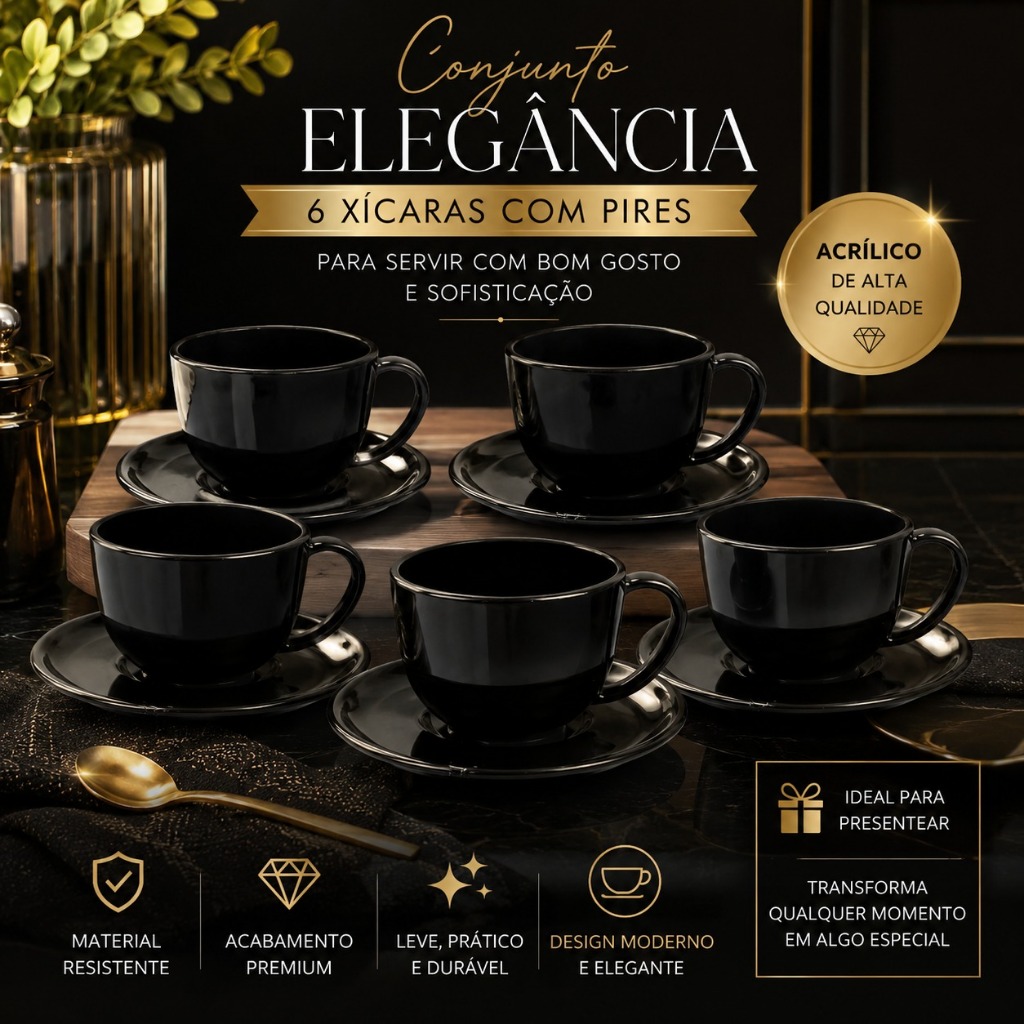 Kit 6 Xícara Preto 180ml com 6 Pires Preto em Acrílico - Café Chá Comemoração Casa Cozinha