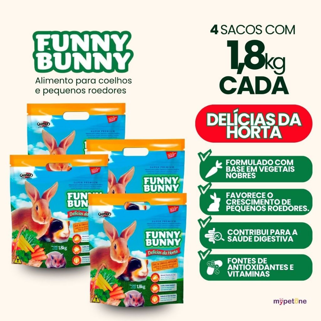 Kit 4 Ração Funny Bunny 1,8 Kg Delícias da Horta Coelhos, Hamster e Roedores