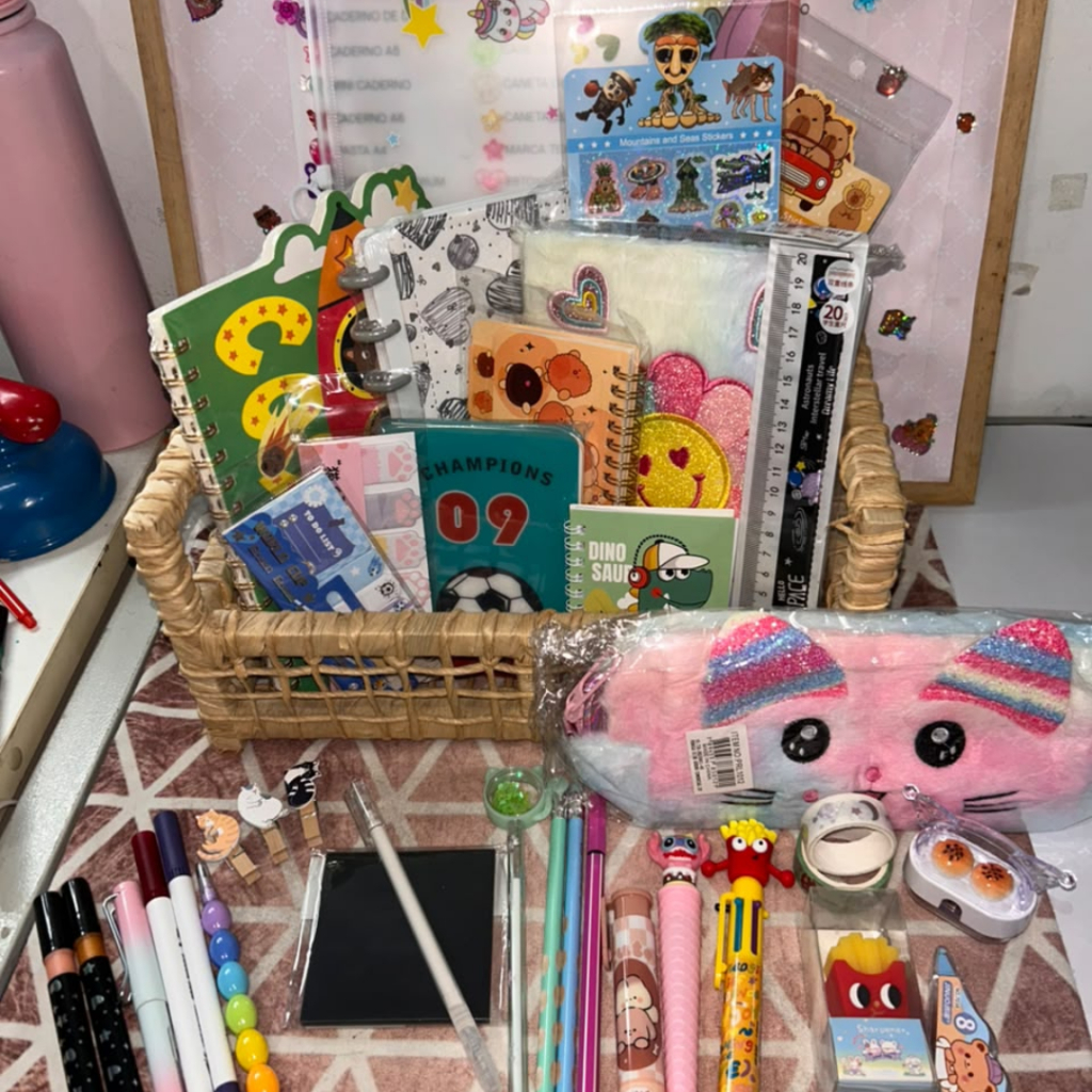 Kit Papelaria Criativa 50 ITENS - Papelaria Fofa Luxo - Kawaii- Kit Premium - Cadernos - Caneta fofa - Caderno de Disco