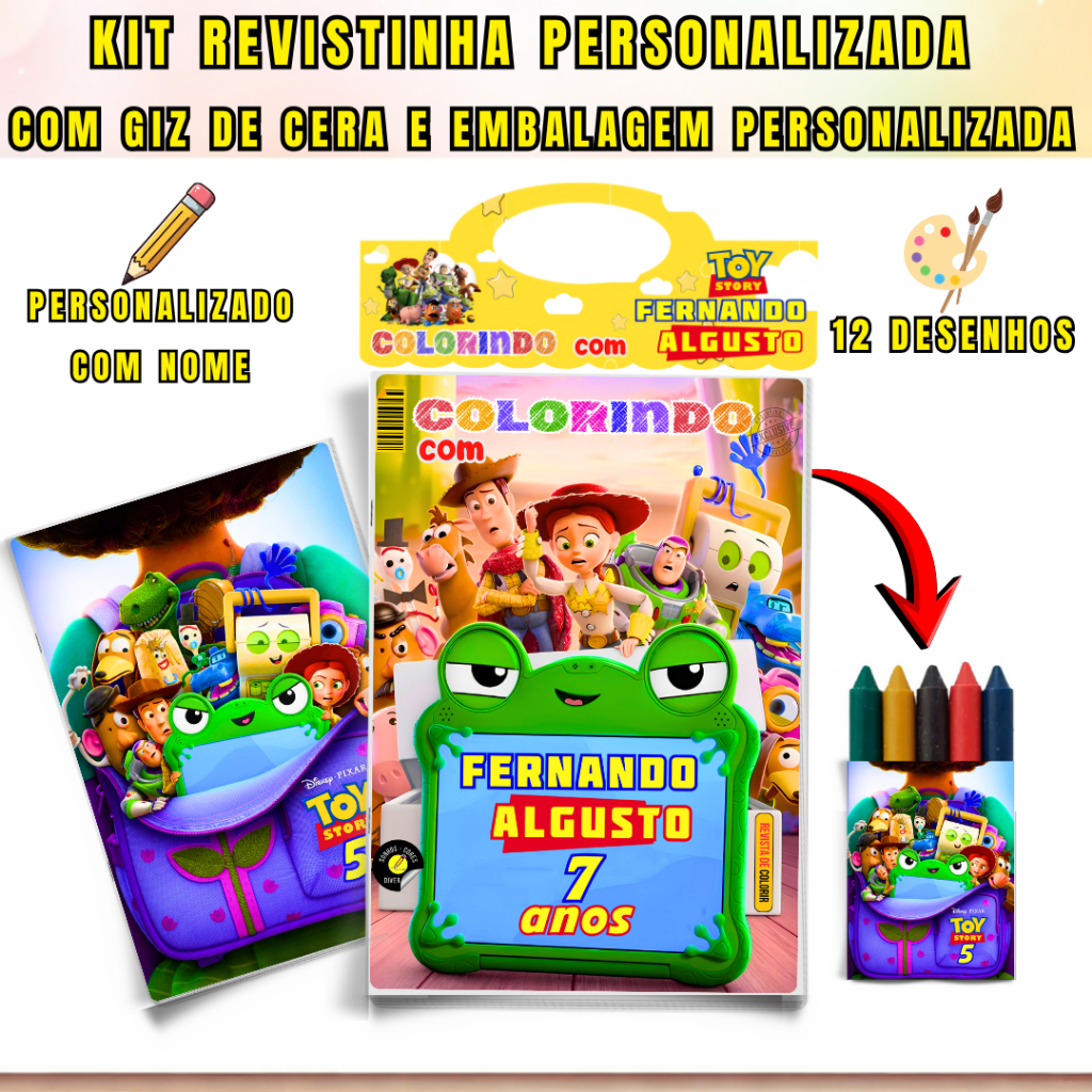 Kit Livrinho de Colorir Infantil Personalizado + Giz de Cera | Lembrancinha Aniversário Revistinha Toy Story