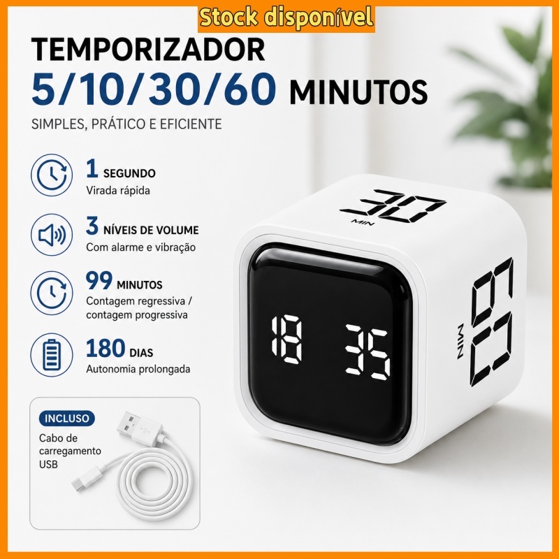 Timer Digital Cubo Cronômetro Regressivo 99 Min 3 Volumes para Estudo Cozinha Trabalho