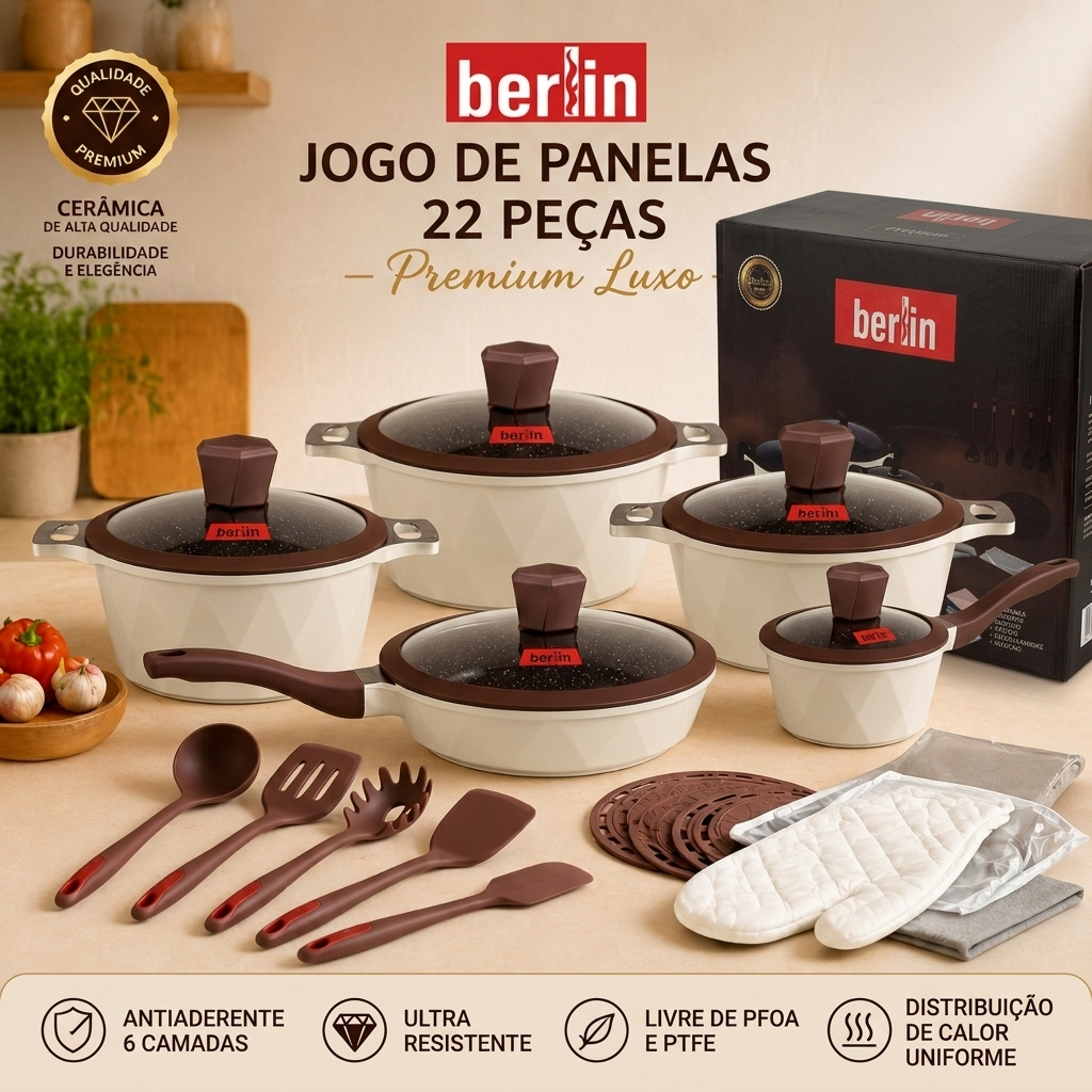 Jogo de Panelas Antiaderente 22 Peças Caçarola Frigideira Indução Gás Revestido Cerâmica Cozinha Completa Vermelho Bege