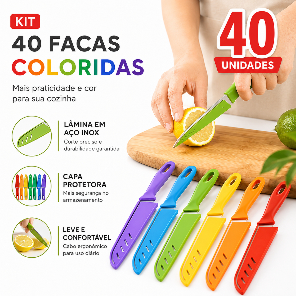 Kit 40 Facas Coloridas Aço Inoxidável Jogo de Faqueiro 20cm Cozinha Legumes Multiuso