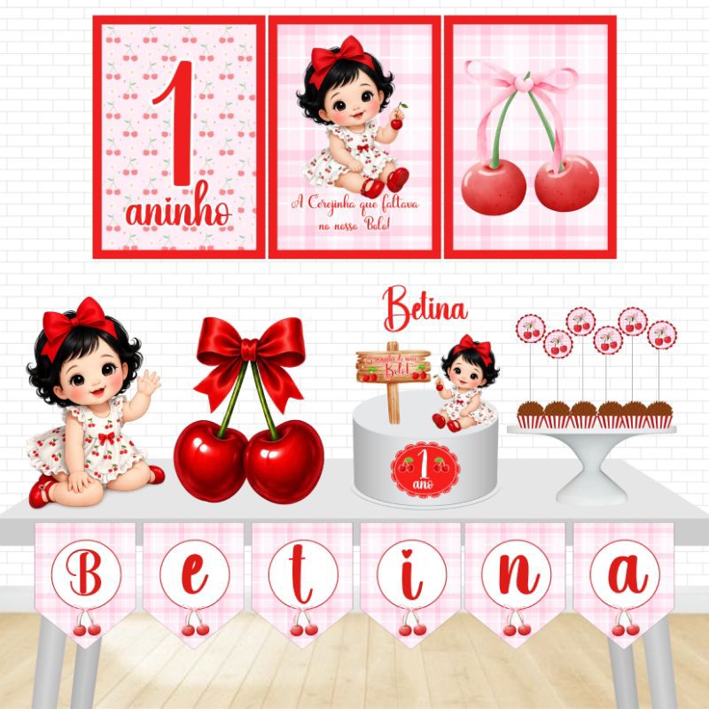 Kit Festa Só um Bolinho-Cerejinha do nosso bolo-Decoração Mesversario/Aniversário Infantil menina-Kit Personalizado