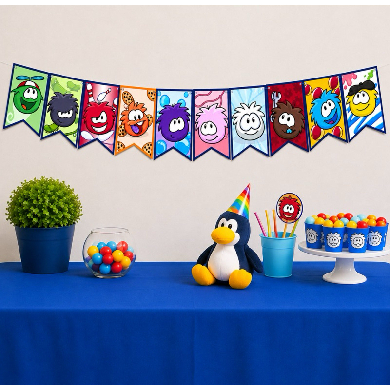 Bandeirola de todos os 10 puffles e suas personalidades para decoração de festa - Club Penguin