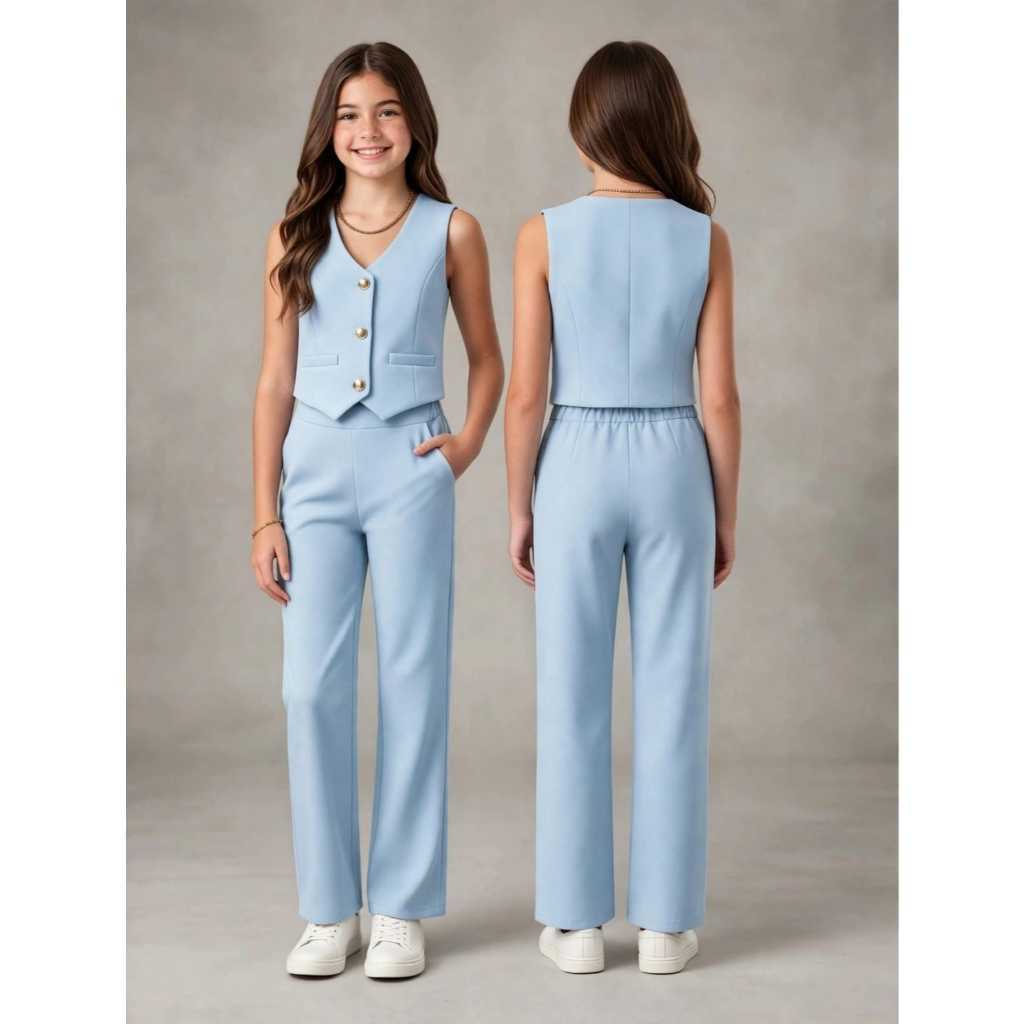 Conjunto Juvenil e infantil de Verão 2027 na Alfaiataria calça Pantalona e Colete (10 a 16 Anos)