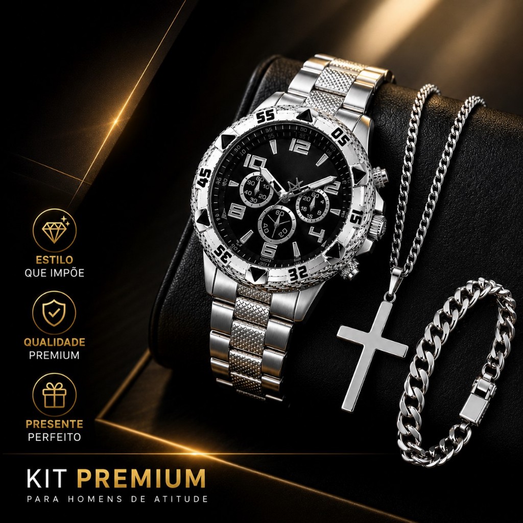 Kit Relógio Masculino de Aço Inoxidável  Corrente de Inox de  60cm + Crucifixo Inox + Pulseira