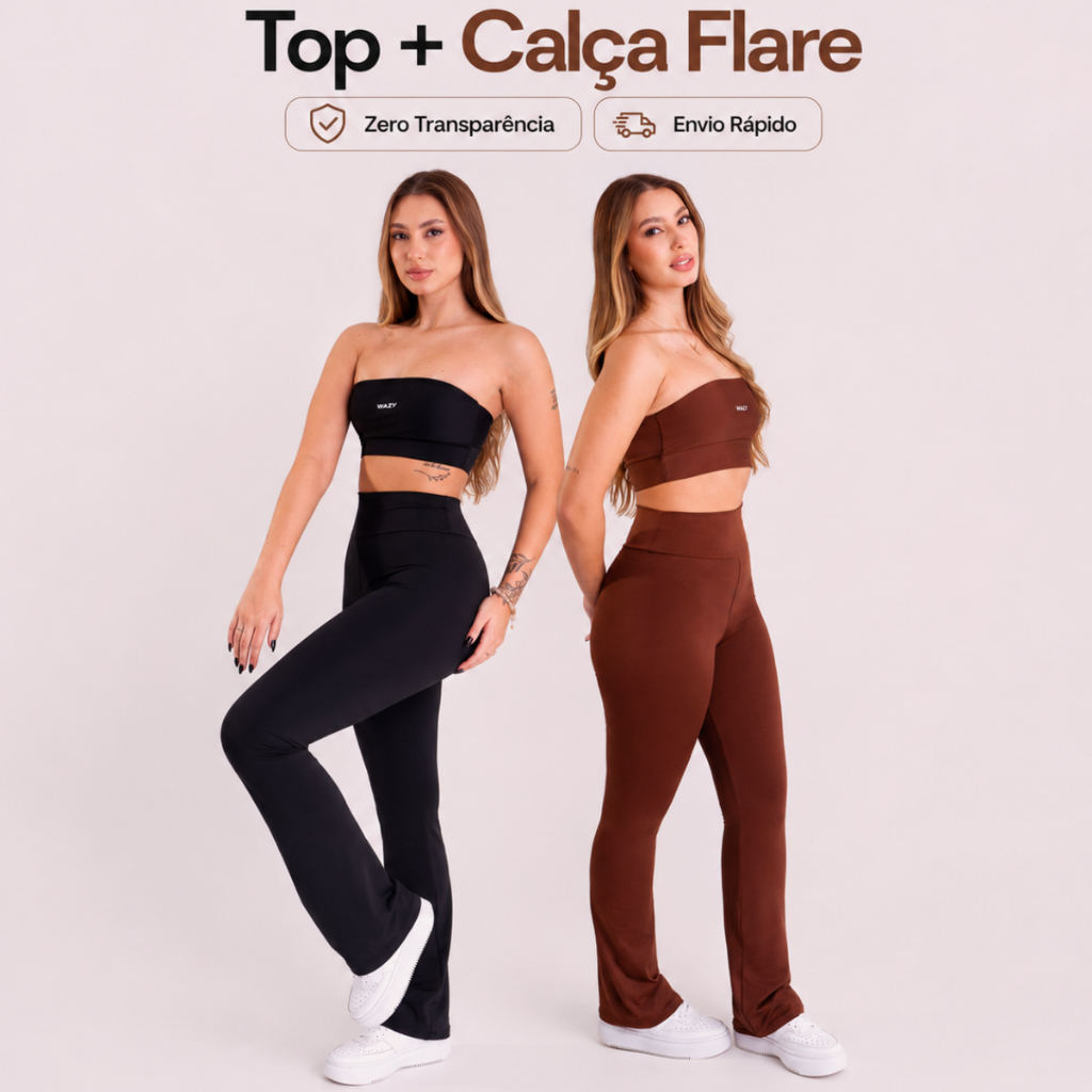 Conjunto Calça Flare + Top Faixa Feminino Fitness Para Academia e Treino Zero Transparência Wazy