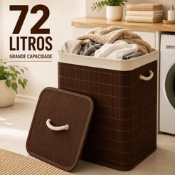 Cesto Organizador de Bambu 72L com Tampa e Alças para Roupas Lavanderia Quarto Banheiro Marrom