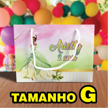 Sacolinha de Festa Princesa Tiana Grande Tamanho G Lembrancinha Personalizada Kit Festa Sacola Deitada Reta Princesas