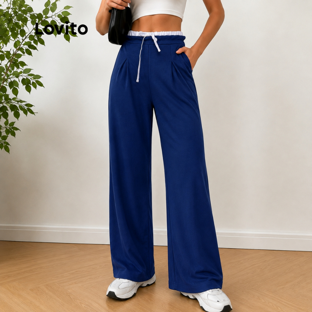 Lovito CalçaFeminina Moletom Contraste Branco Reta com Amarração PTB69BRL098