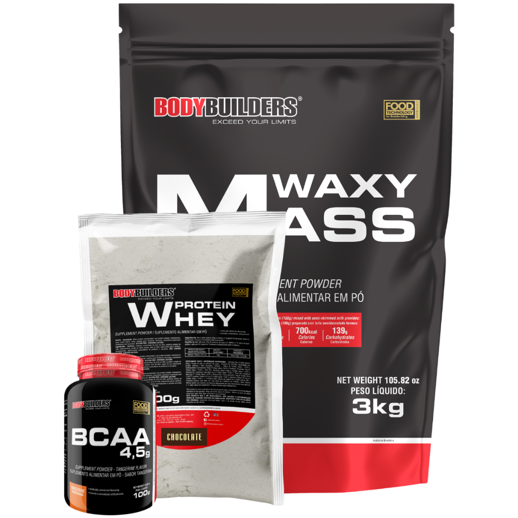 Kit Waxy Mass 3kg + Whey Protein 500g + BCAA 100g + Coqueteleira - Bodybuilders