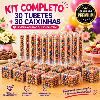KIT 30 Tubetes 8 cm + 30 Caixinhas 5x5 Acrílico Lembrancinha Aniversario
