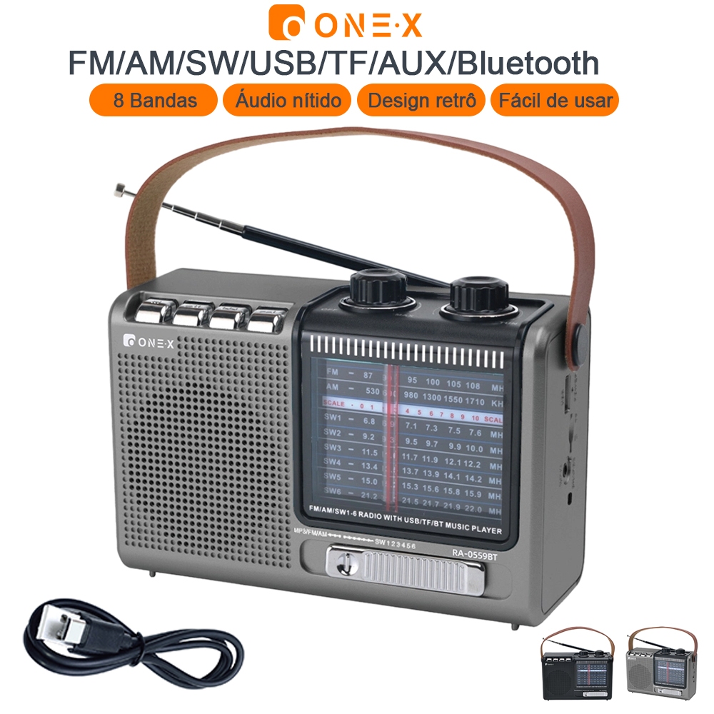 Radio Portatil 8 Bandas AM/FM/SW1-6com Bluetooth e MP3 Player USB TF AUX