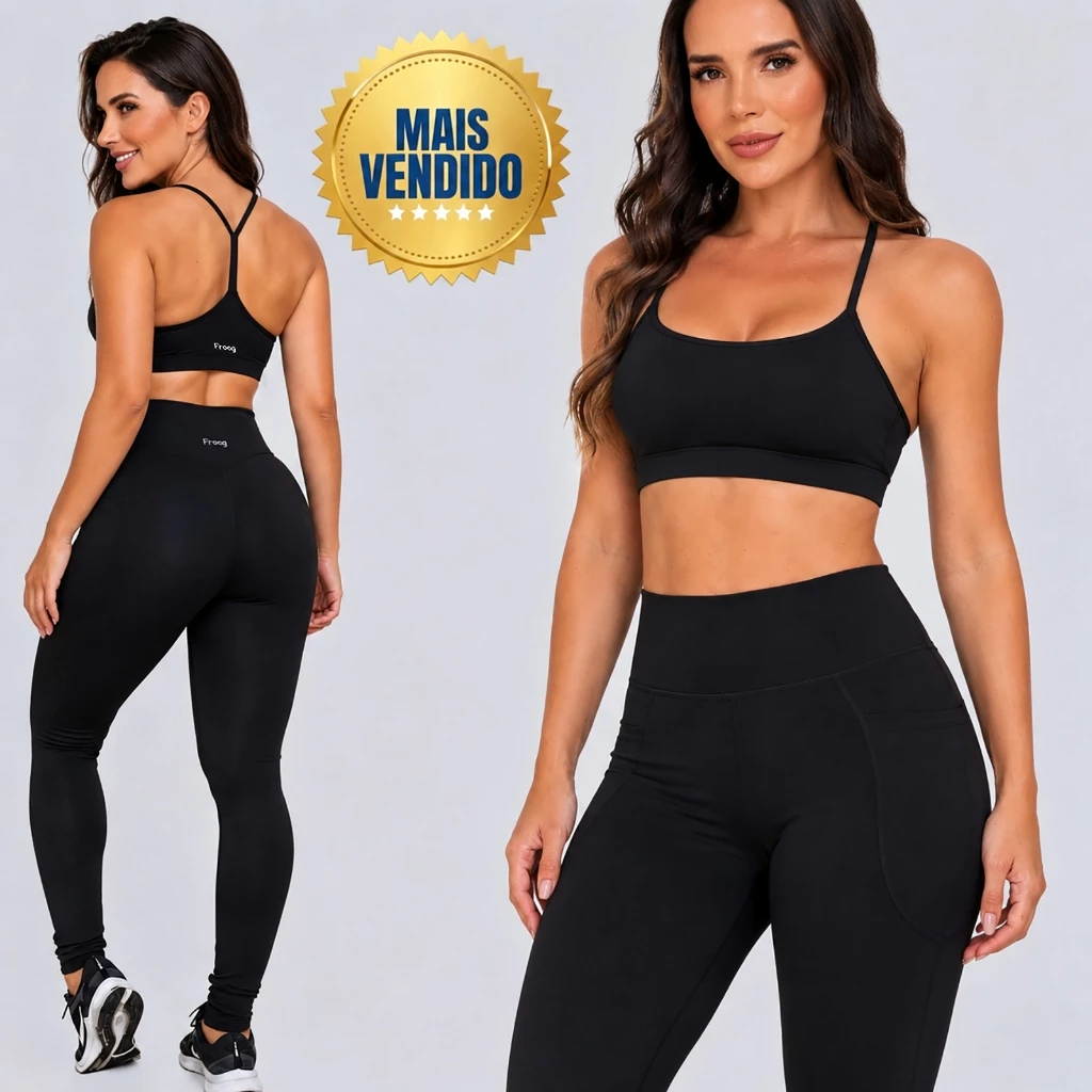 Conjunto Feminino de Academia Calça Legging com Bolso + Top Zero Transparência Cintura Alta Academia Elástica e Fitness — imagem 1