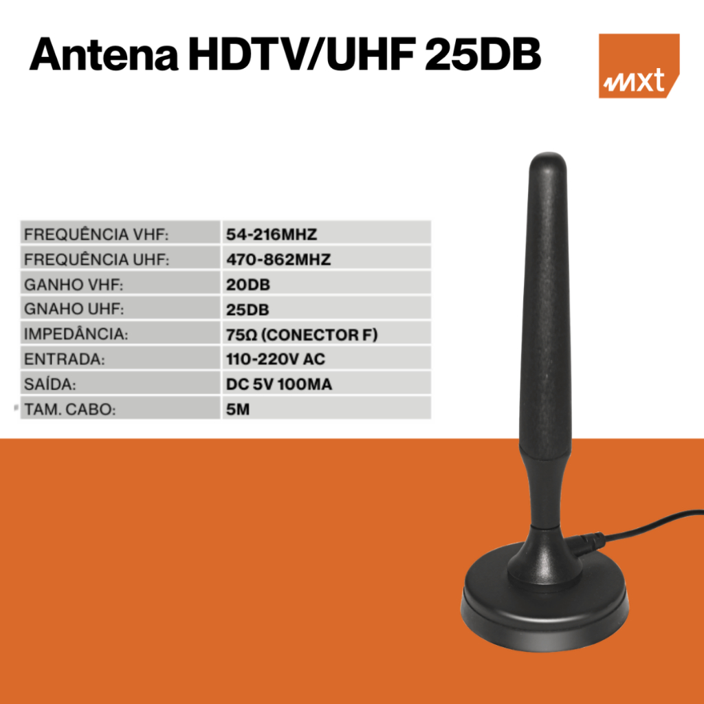 Antena Digital Interna MXT MDTV-400B VHF UHF 20dB 25dB Cabo 5m Bivolt 110-220V Conector F — imagem 2 de 2