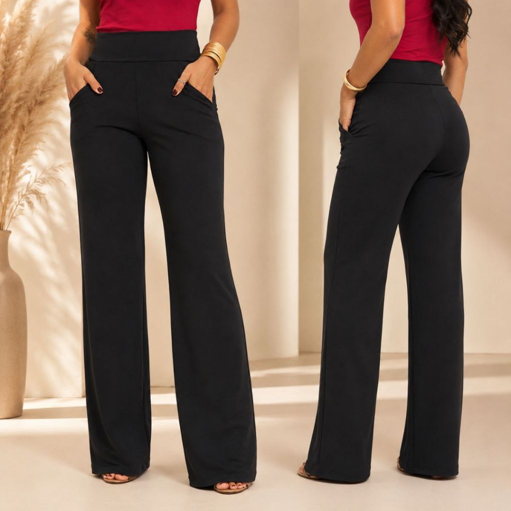 Calça Pantalona Preta Feminina Suplex Zero Transparência Cintura Alta Bolsos Tamanho P M G GG Plus Calça Reta