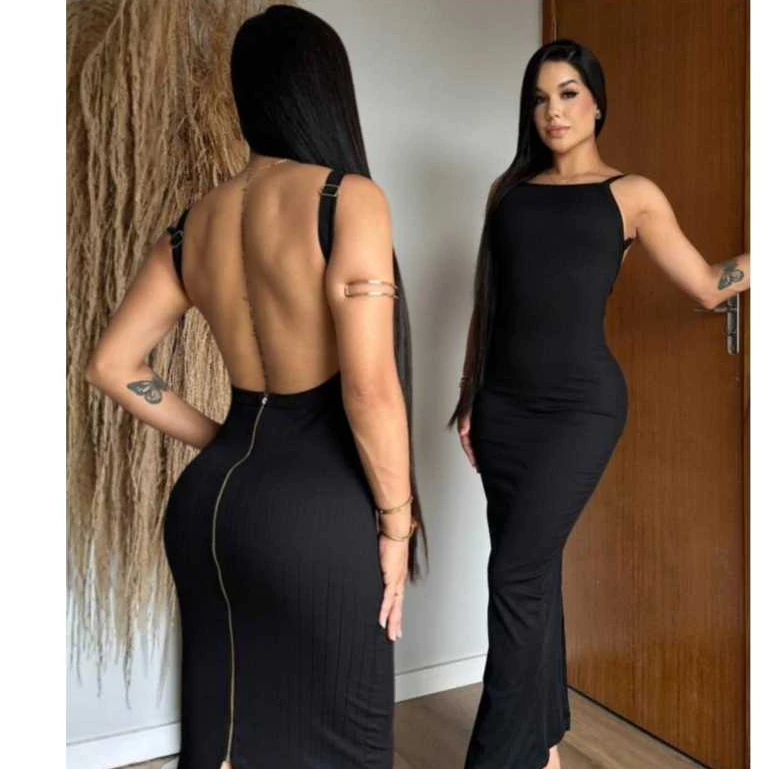 Vestido Longo Feminino Costas Nuas – Tecido Anarruga | Tamanho Único — imagem 1