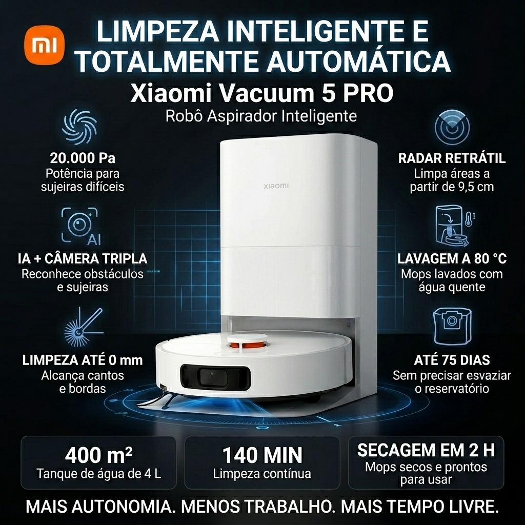 Robo Aspirador Xiaomi Vacuum 5 PRO 220V 20.000 Pa Inteligencia Artificial com Ba
