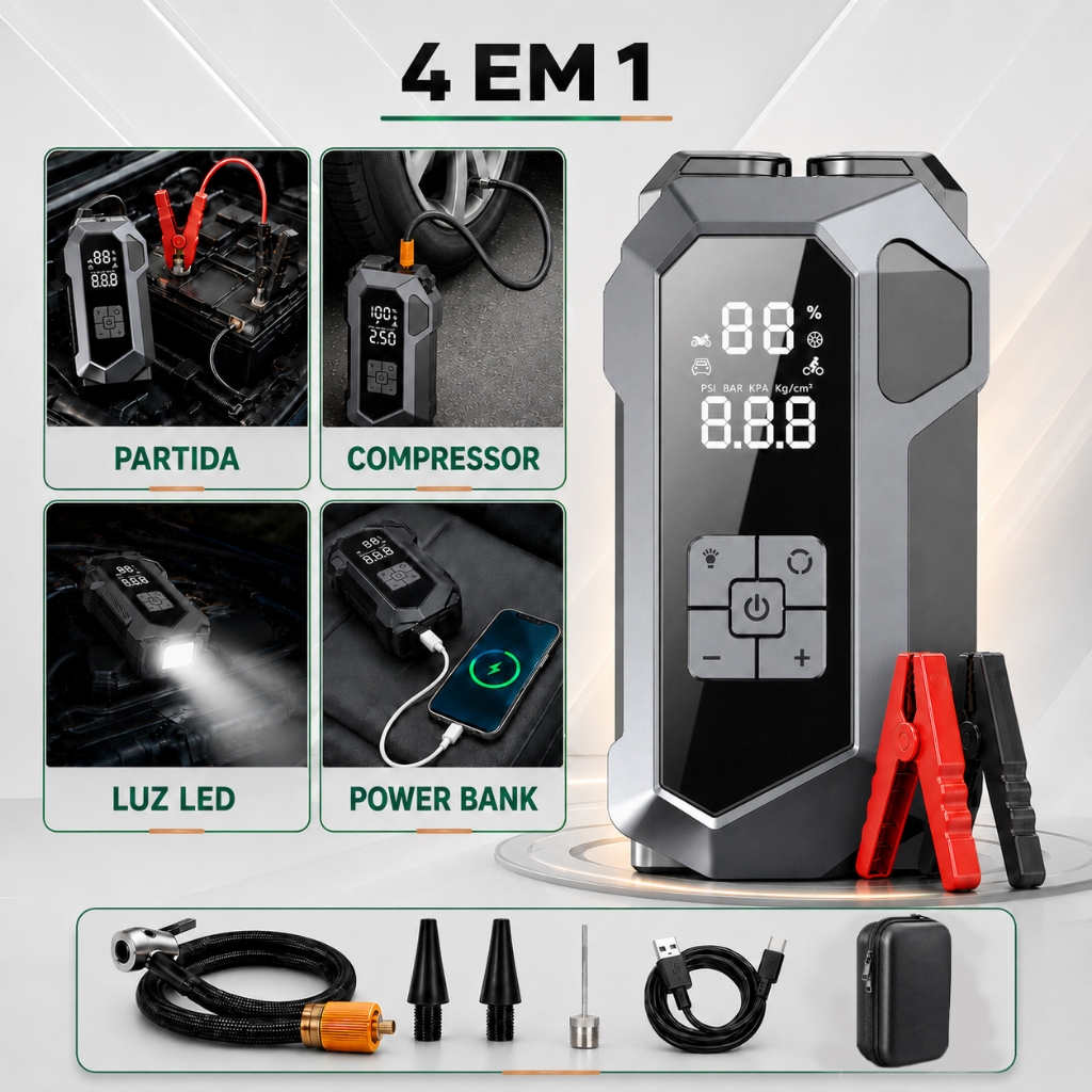 5 em 1 Auxiliar de Partida Portátil 26800mAh com Compressor de Ar, Carregador de Bateria para Carro e Lanterna LED SOS
