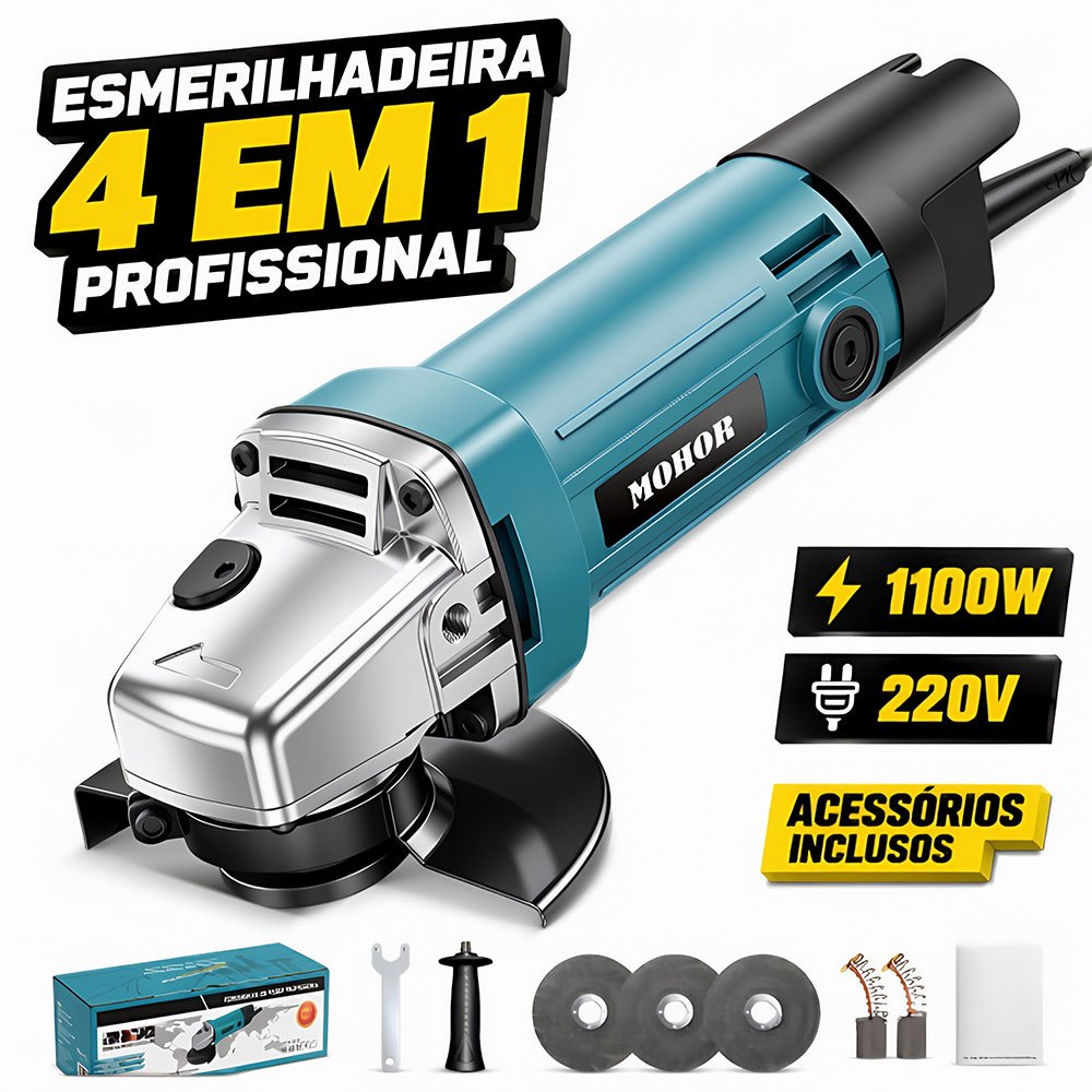 MOHOR Esmerilhadeira Angular Elétrica 220V 1100W Profissional Disco 115mm Alta Potência Para Corte e Desbaste