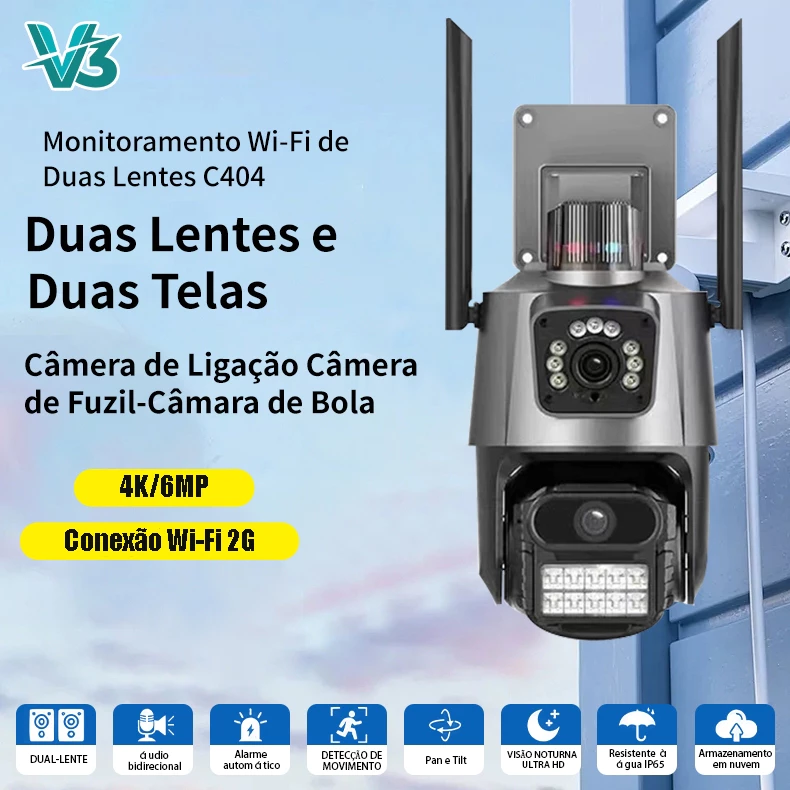 V3 C404 Câmera De Segurança Ip 4K 6MP Prova D'água ,PTZ de Lente Dupla com Alarme de Luz Policial