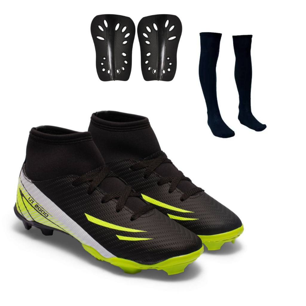 Chuteira Futebol Campo Uz2000 Botinha Cano Alto Leve Confortável + Meião + Caneleira