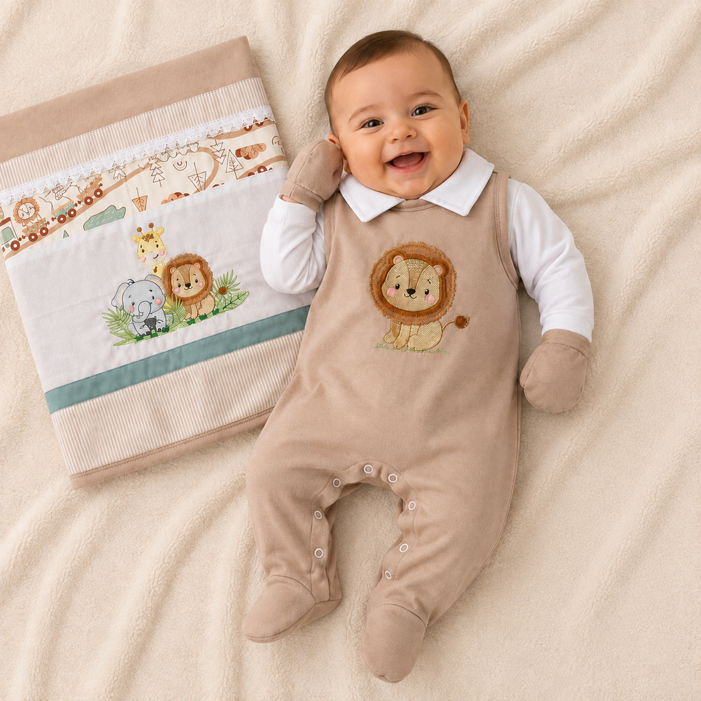 Kit Saída de Maternidade Safari 100% Algodão 04 Peças: conforto e muito charme para seu bebê