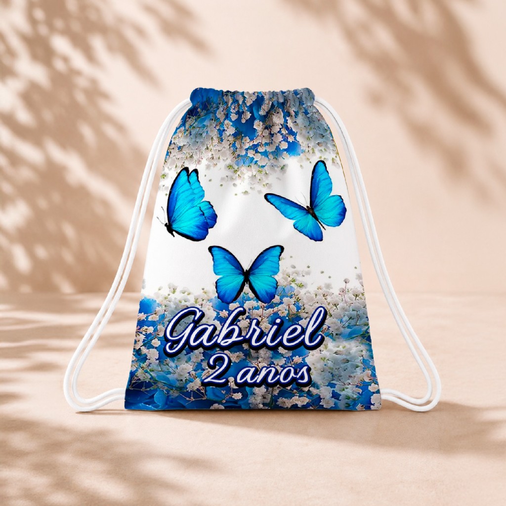 10 Mochila Personalizada Infantil 18x26 Sacolinhas Surpresa Festa Aniversário Lembrancinha Borboleta Azul Jardim