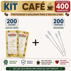 Kit com 200 Sachês de Açúcar União Premium + 200 Mexedores Descartáveis