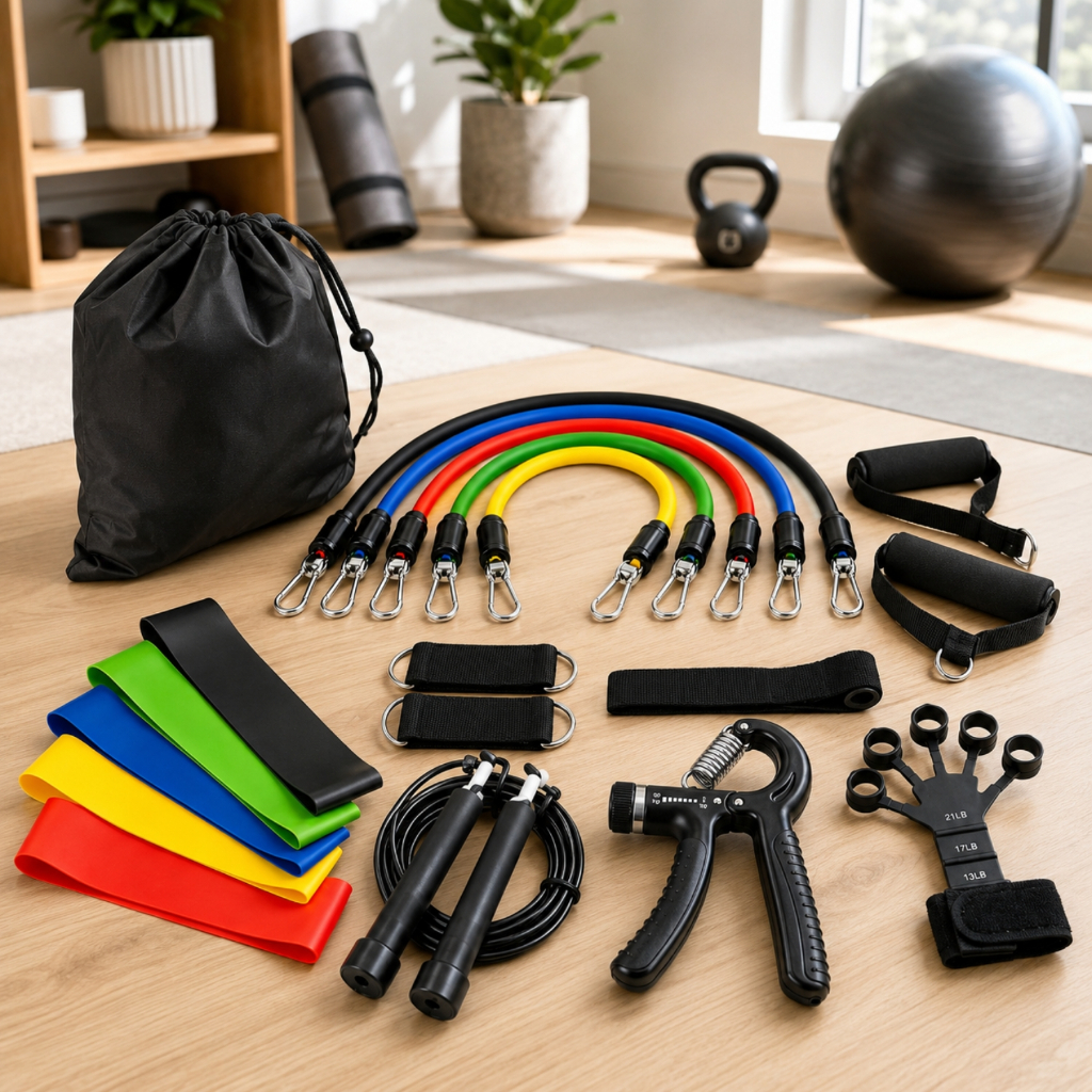 Imagem Kit Treino Academia Casa Completo Elástico Extensor Mini Band Corda Pular Hand Grip Força Funcional