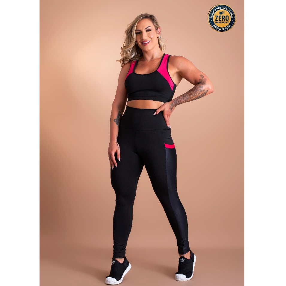 Conjunto Fitness Feminino Top Com Decote Costas E Calça Legging Cintura Alta Com Bolso Cirrê Academia ZERO TRANSPARÊNCIA