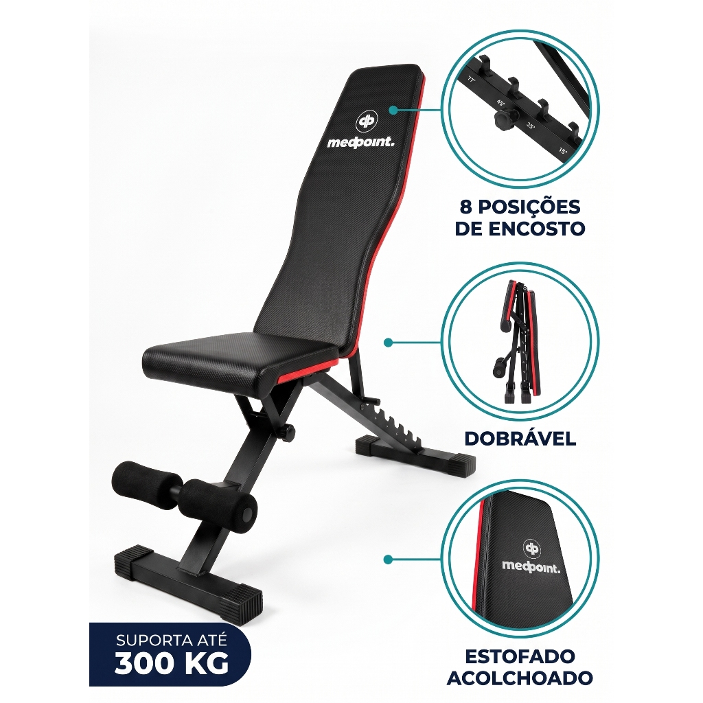 Banco Inclinavel Academia Medpoint Supino Acolchoado Multiplos Niveis de Inclinação Treino Gym