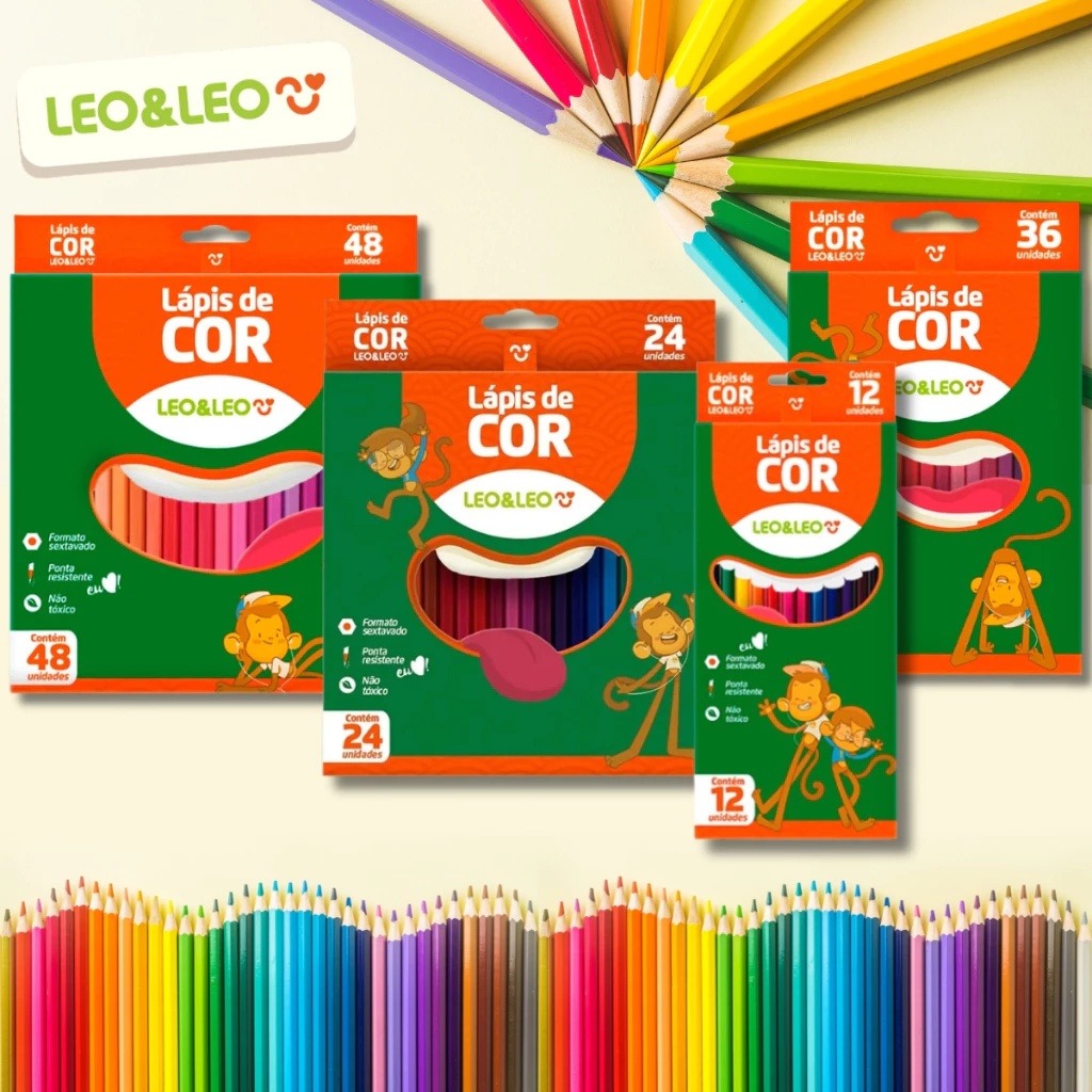 Lápis de Cor 12 / 24 / 36 / 48 Cores Escolar Sextavado Leo&Leo