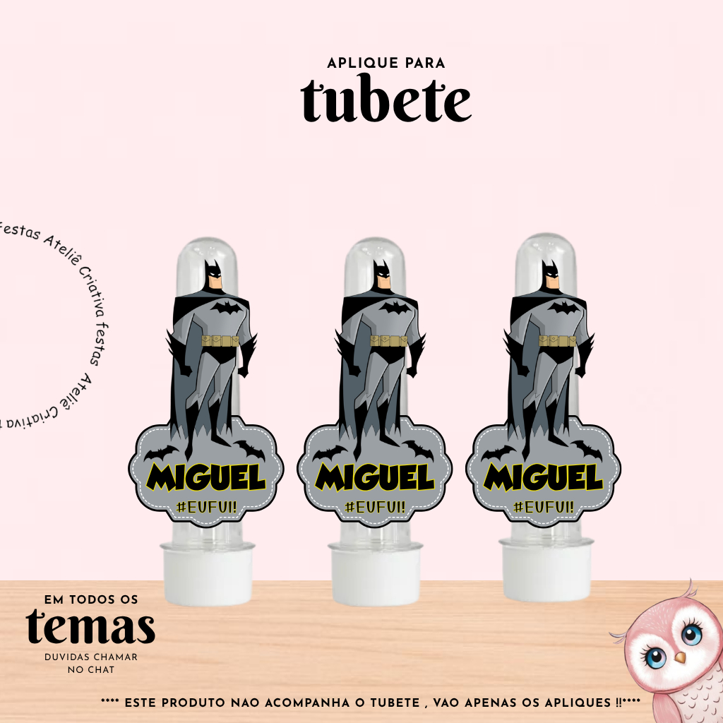 Aplique para Tubete Personalizado com nome Batman Herois Lembrancinha Festa Infantil Aniversário Mimo TODOS OS TEMAS