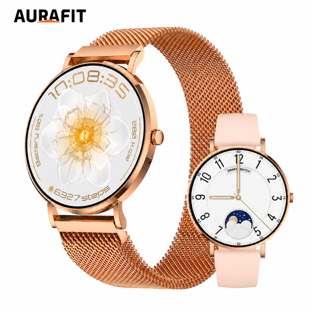 Smartwatch AURAFIT ELLA3/AM28: Tela AMOLED Resistente a Respingos Monitoramento da Saúde Feminina