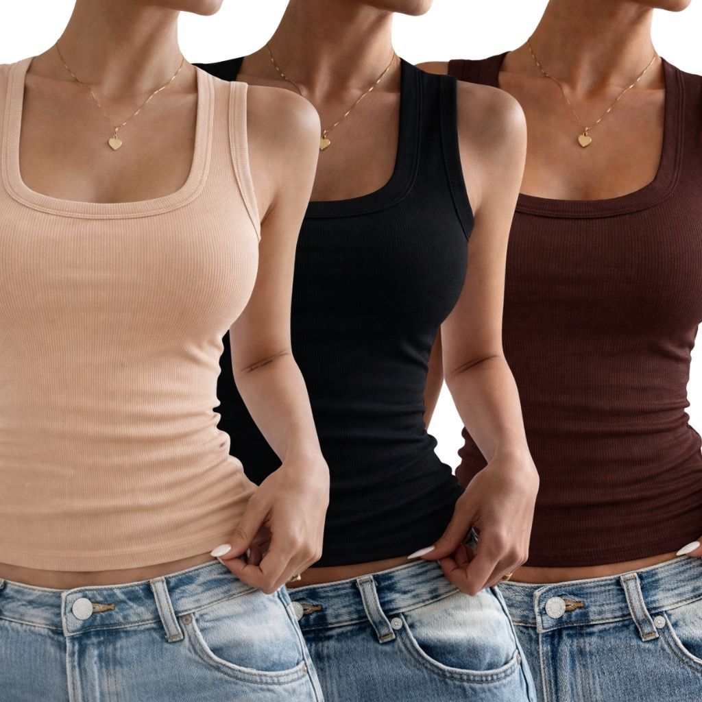 Kit 3 Peças Regatas Feminina Sofisticada Canelada Ribana Básica Casual Confortável Versátil