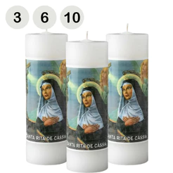 Caixa com 3/6/10 Velas de 7 Dias Imagem Santa Rita de Cassia Branca Votiva Católica 260g Parafina Pura