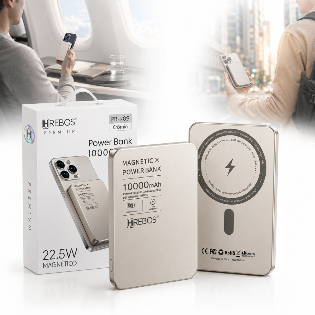 Power Bank Magnético MagSafe 10.000mAh 22.5W Turbo Carregador Portátil Sem Fio Indução PD Rápida Titanium para iPhone