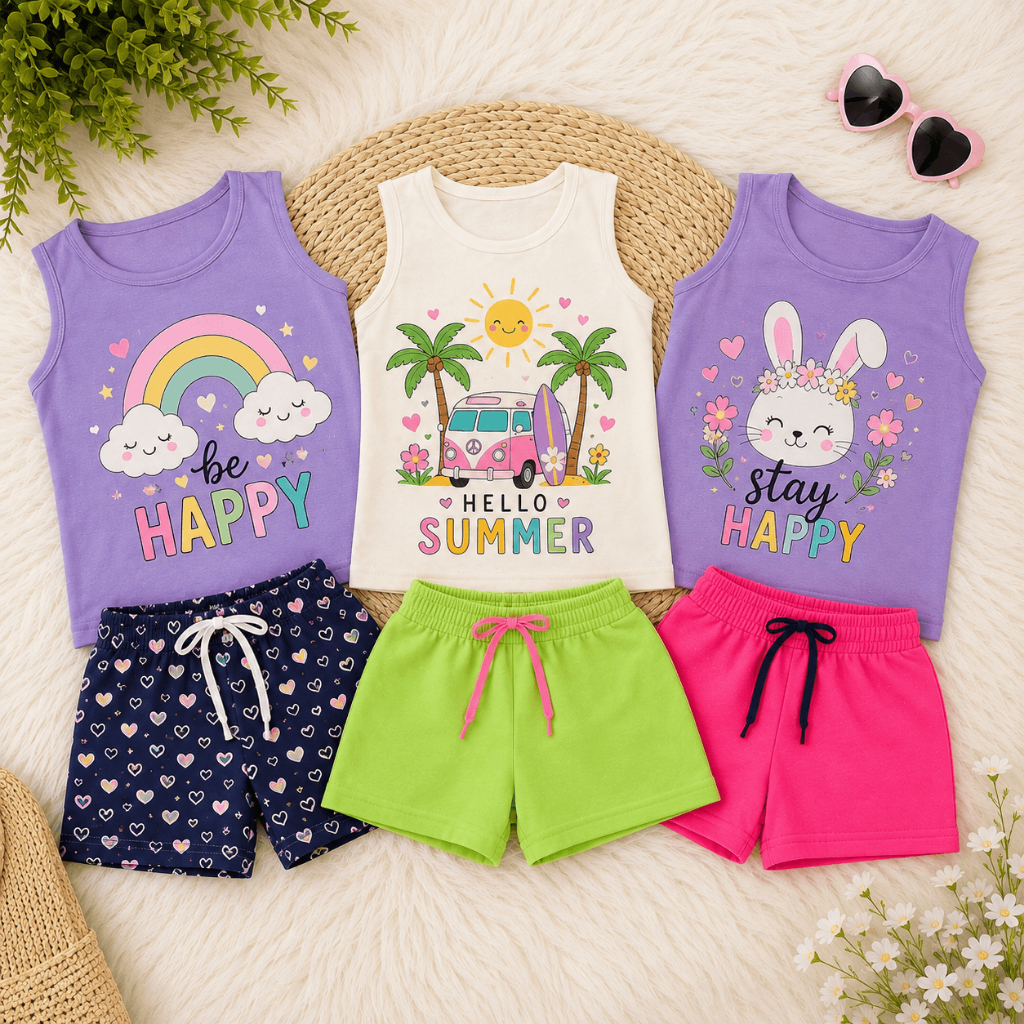 Kit 6 Peças 3 Conjuntos Infantil Feminino Verão Regata + Shorts/Bermuda 100% Algodão Menina Extra Conforto
