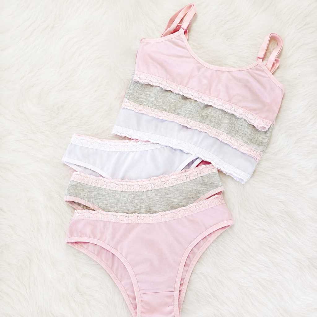 Kit Top e Calcinha Juvenil de Cotton Renda Pequena Flor Teen 10 ao 16 Menina