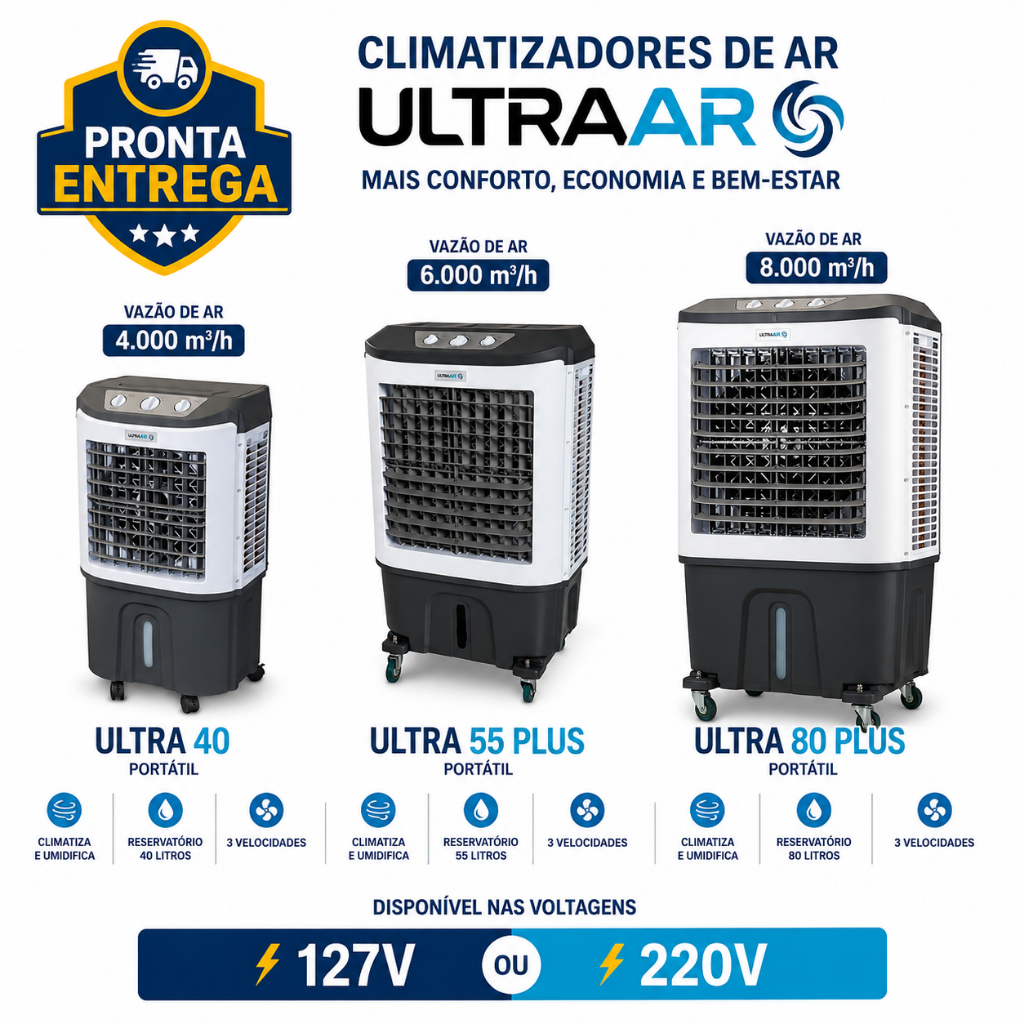 Climatizador de Ar Evaporativo Portátil Ultra Ar 40L 55L 80L 6000m³/h 127V 220V Baixo Consumo — oferta na Shopee