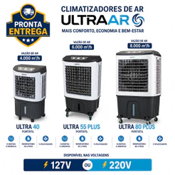 Climatizador de Ar Evaporativo Portátil Ultra Ar 40L 55L 80L 6000m³/h 127V 220V Baixo Consumo